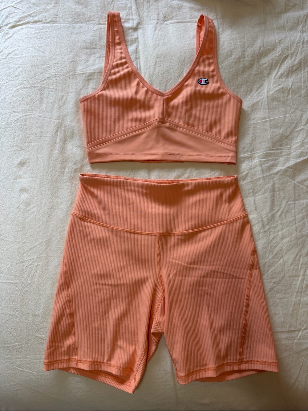 Champion Orange Ribbed V-Neck Sports Bra and Bike Shorts Set